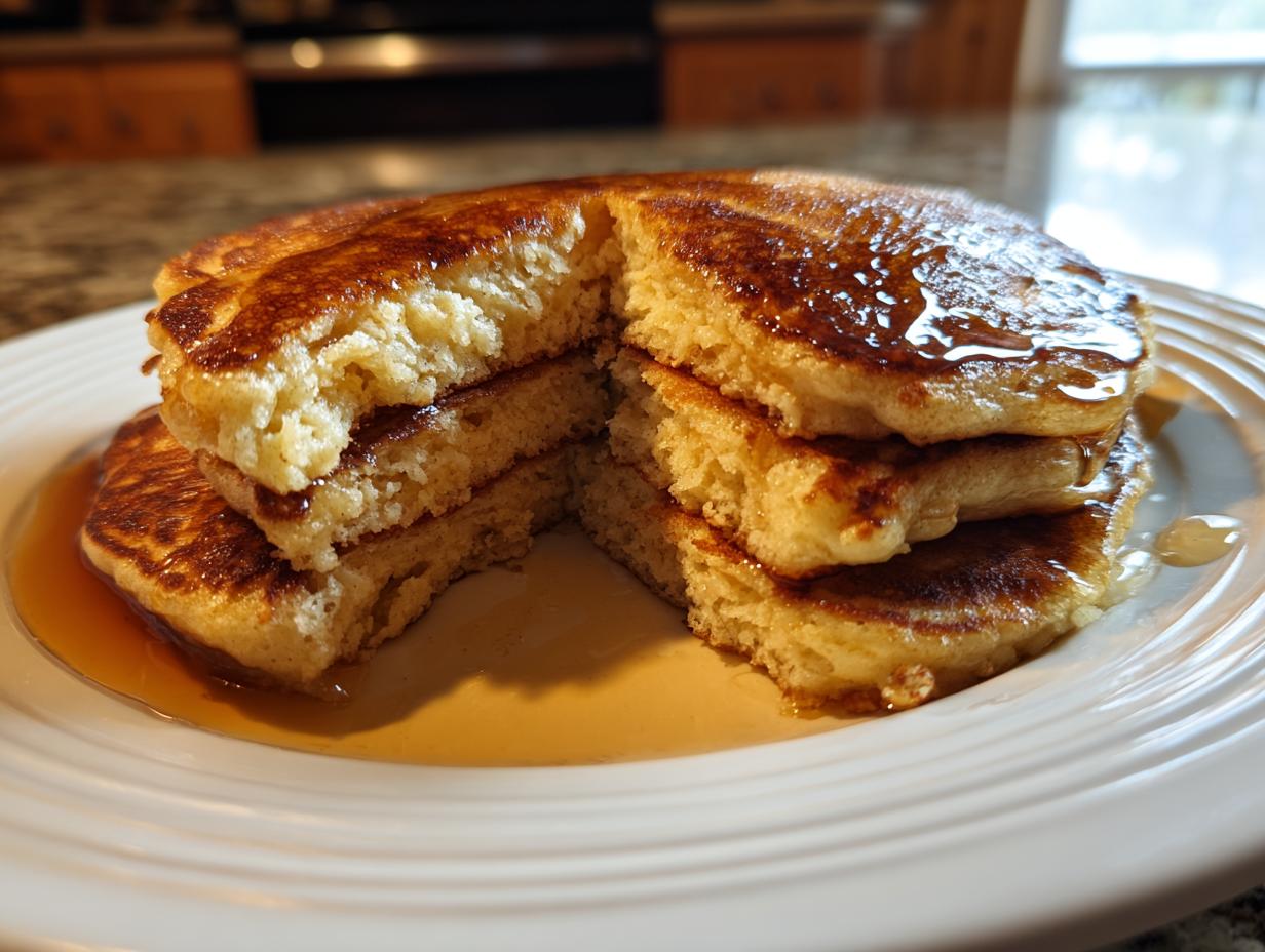 A stack of fluffy sourdough discard pancakes, cut open to show the texture and drizzled with maple syrup.