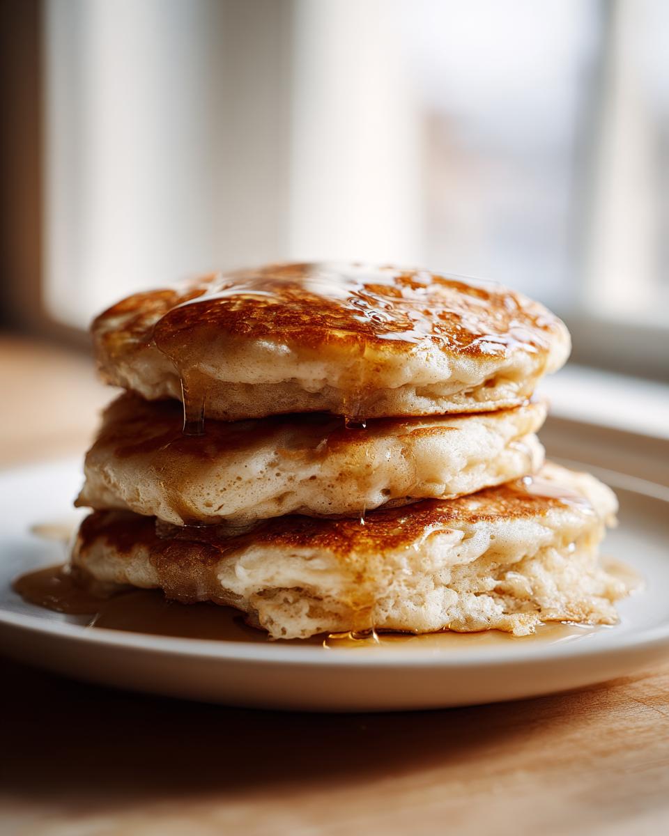 A tall stack of three fluffy sourdough discard pancakes drizzled generously with golden syrup.