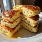 Close-up of fluffy sourdough pancakes stacked, cut open to show the airy interior, topped with melting butter and syrup.
