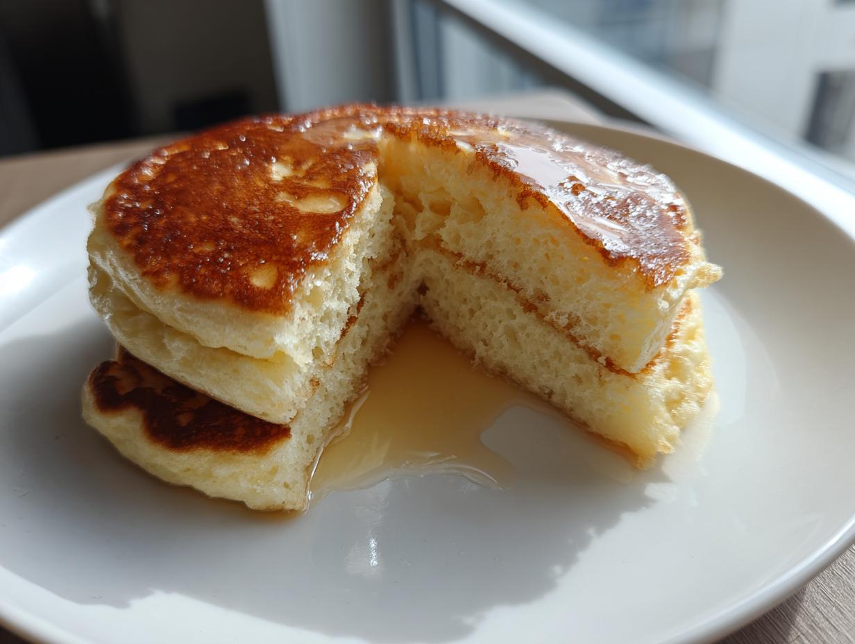 Close-up of fluffy sourdough pancakes stacked and cut in half, showing the airy interior and drizzled with syrup.