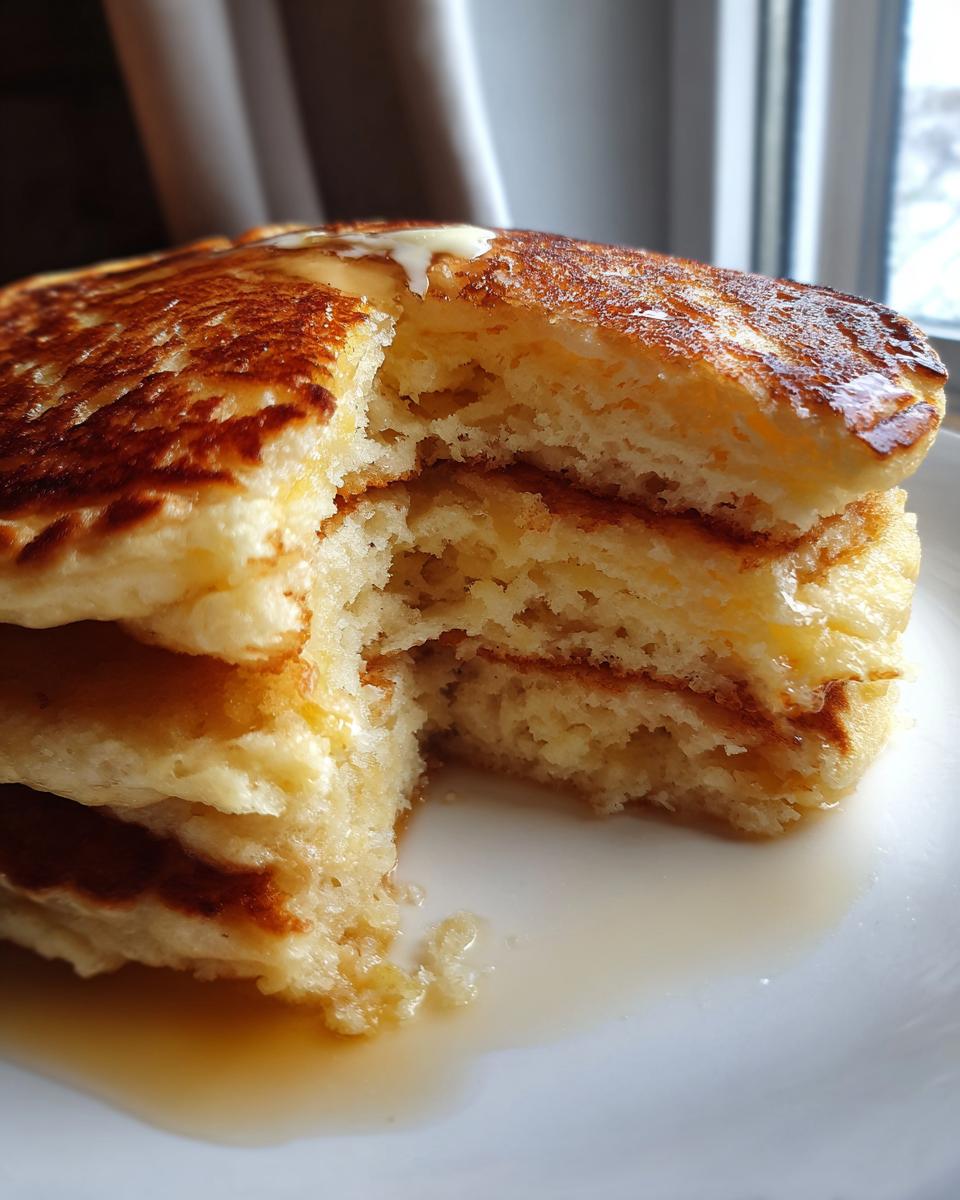 Close-up of a fluffy stack of sourdough pancakes with a bite taken out, showing the airy interior and melting butter.