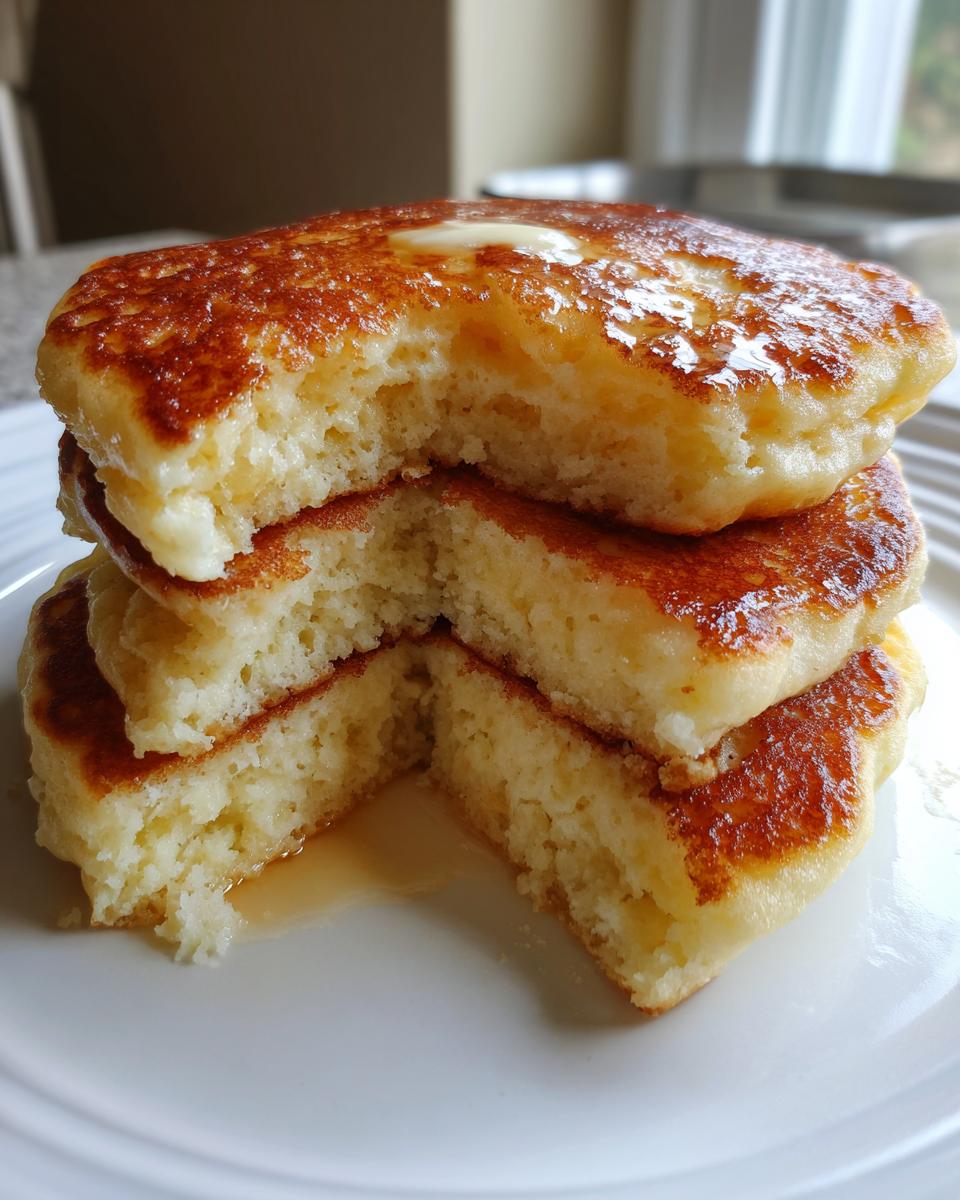 A stack of three thick, fluffy sourdough pancakes, cut open to show the airy texture, topped with melting butter and syrup.