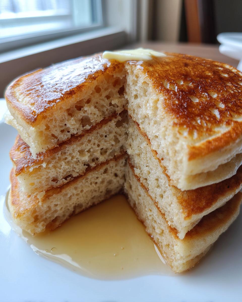 Close-up of a stack of fluffy sourdough pancakes cut open, showing the airy interior, topped with melting butter and syrup.