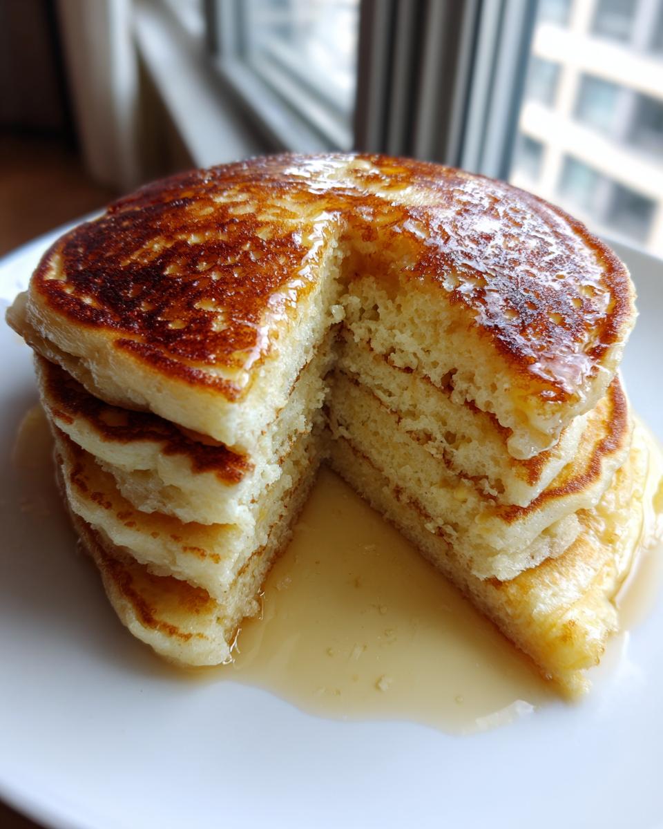 A tall stack of fluffy sourdough pancakes cut open, drizzled generously with syrup.