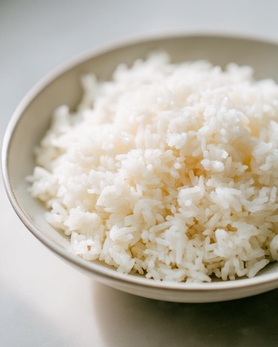 Close-up of fluffy, perfectly cooked sushi rice grains piled high in a light-colored ceramic bowl.