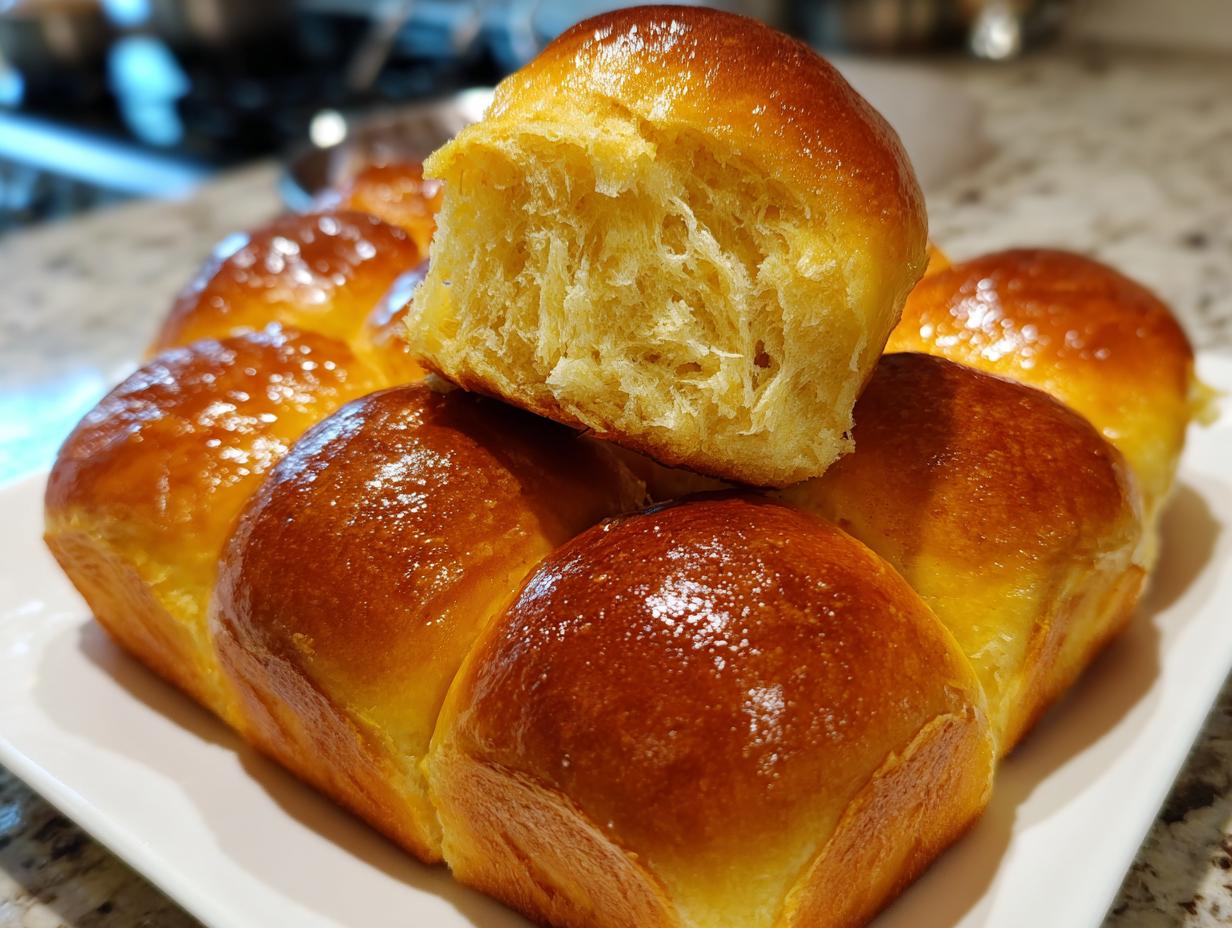 A stack of glossy, golden-brown sweet potato rolls, with one roll pulled apart showing the soft, fluffy interior.