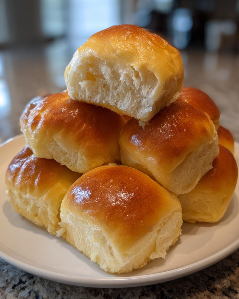 A stack of golden brown, fluffy sweet potato rolls on a white plate, with one roll broken open showing the soft interior.