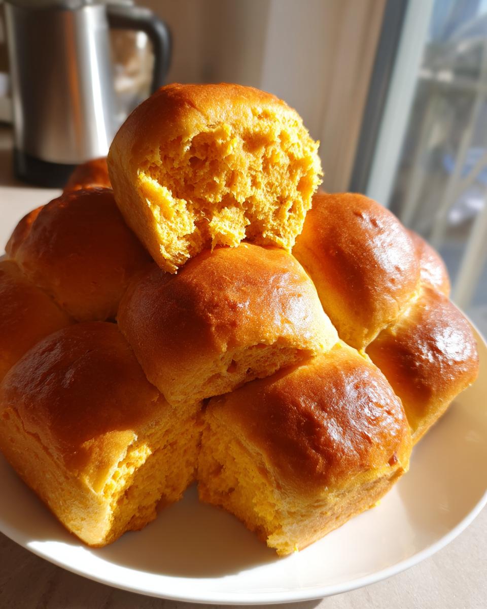 A stack of golden brown, fluffy sweet potato rolls with one roll pulled apart showing the moist orange interior.