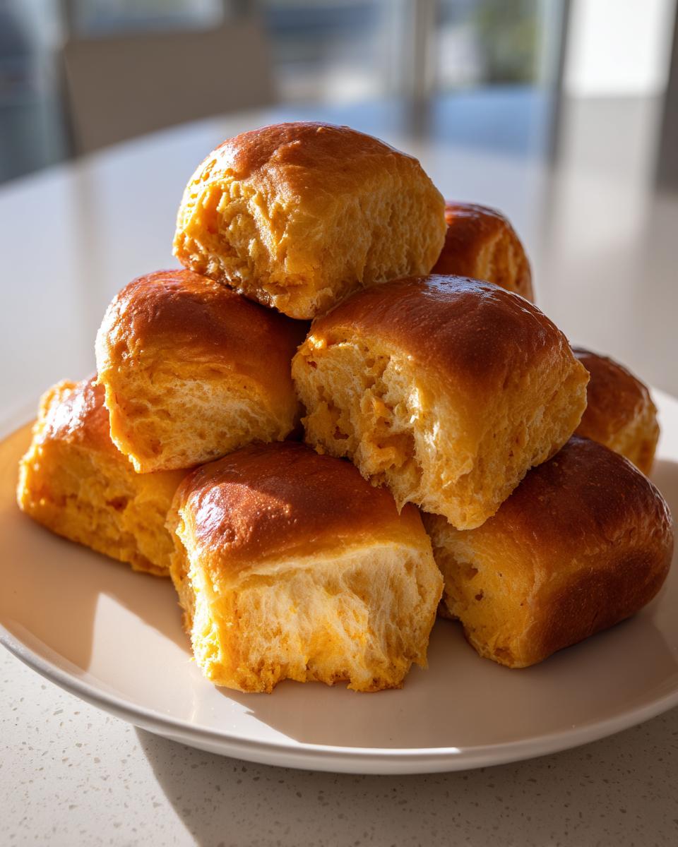 A stack of freshly baked, golden-brown sweet potato rolls piled on a light plate.