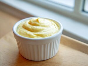 A small white ramekin filled with thick, creamy, yellow hollandaise sauce, set on a wooden surface near a window.