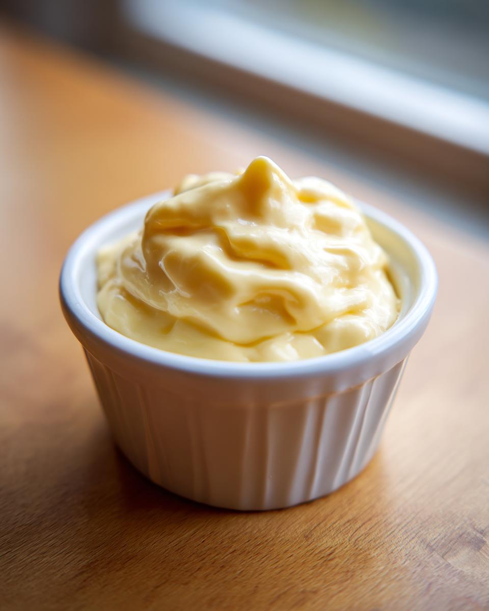 A close-up of rich, creamy hollandaise sauce mounded high in a small white ramekin.