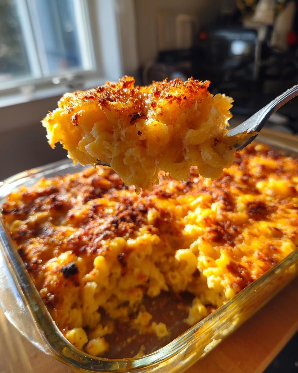 A fork lifts a cheesy, golden portion with a crispy top from a glass dish of baked mac and cheese recipe.