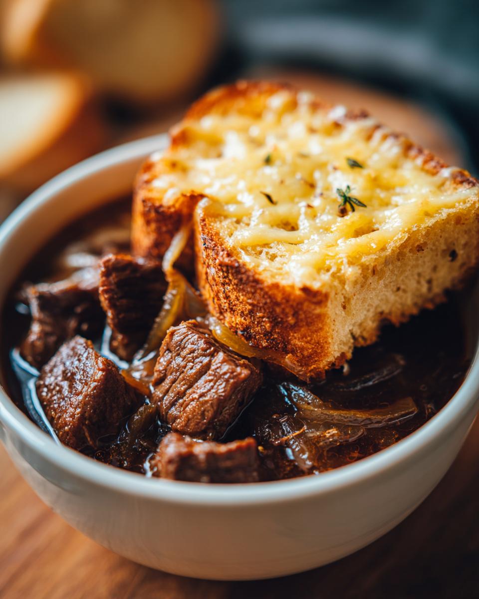 Close-up of a bowl of rich french onion beef stew topped with tender beef chunks and a cheesy, toasted bread slice.