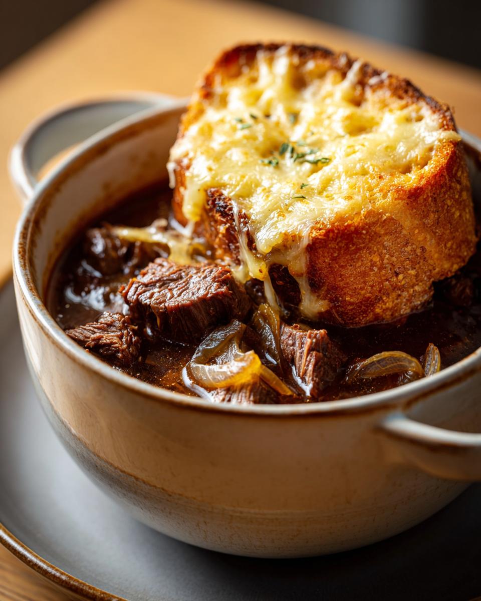 Close-up of a bowl of rich french onion beef stew topped with a thick slice of bread covered in melted, bubbly cheese.