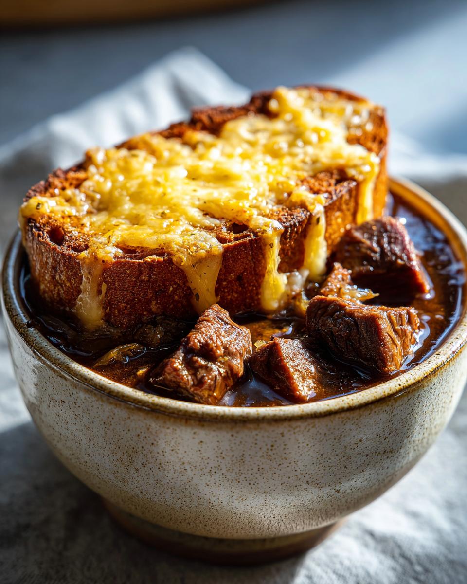 Close-up of a bowl of rich french onion beef stew topped with a thick slice of cheesy, melted bread.