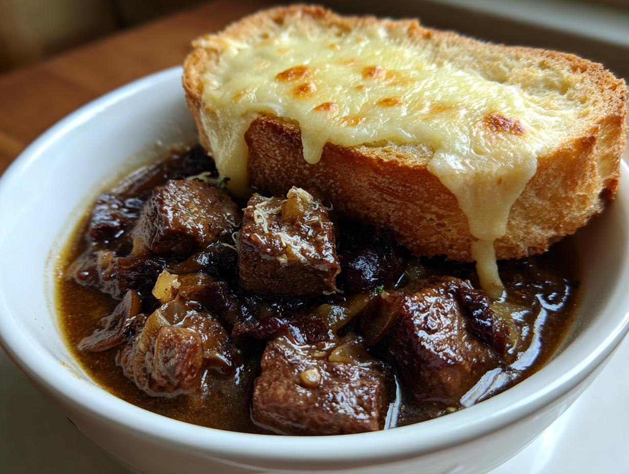 Close-up of a bowl of rich french onion beef stew topped with a slice of toasted bread covered in melted Gruyère cheese.