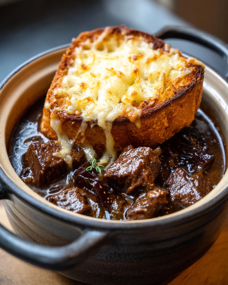 Close-up of a hearty french onion beef stew served in a dark bowl, topped with a thick slice of bread covered in melted cheese.