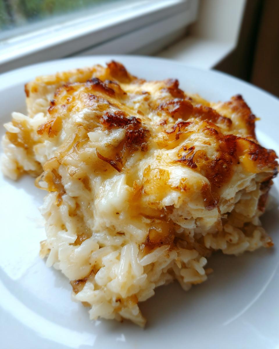 A close-up of a serving of creamy french onion butter rice casserole with a golden, melted cheese topping.