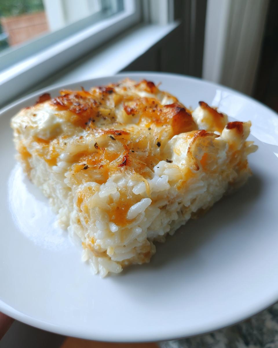 A square serving of creamy french onion butter rice topped with melted, browned cheese on a white plate.