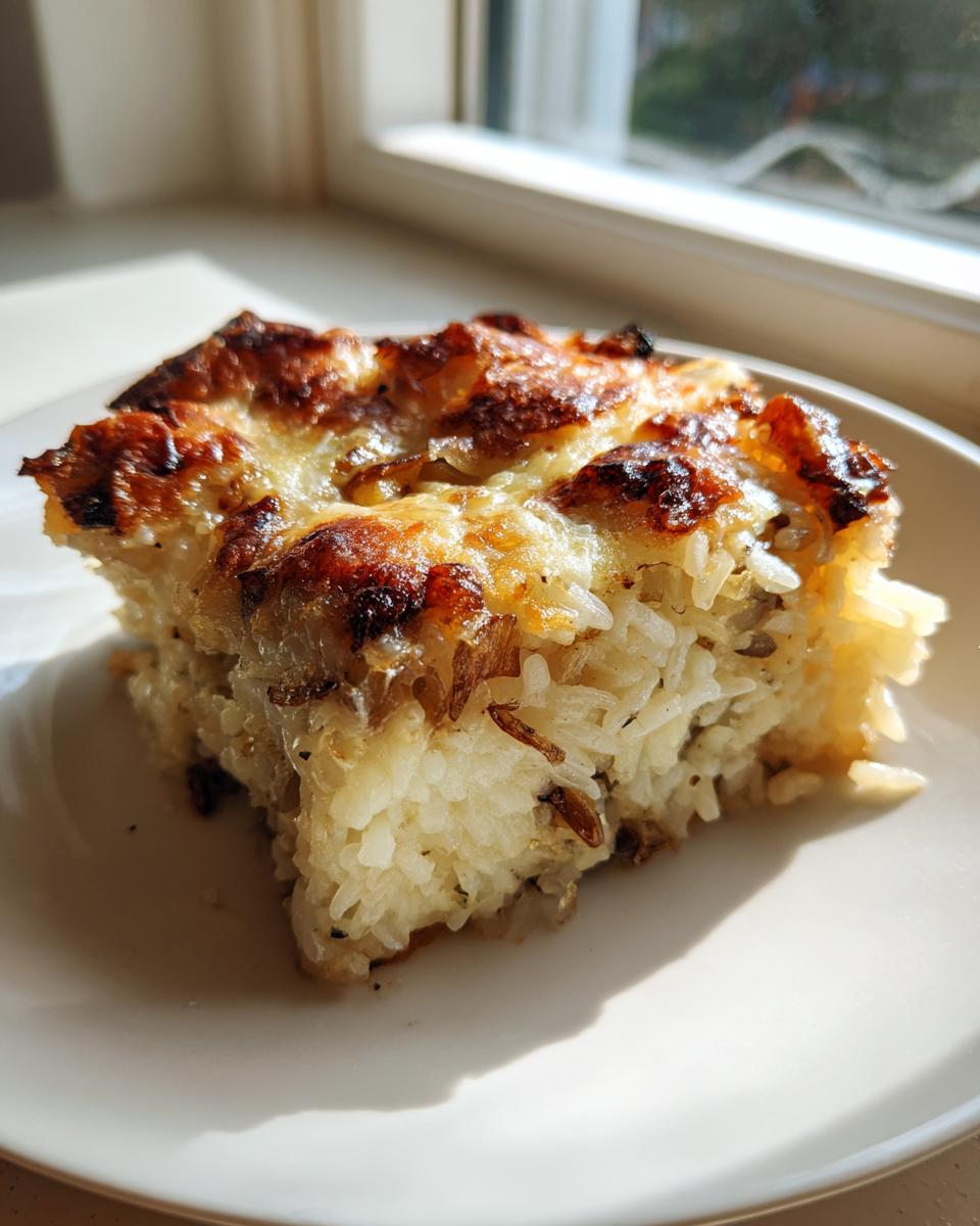 A square portion of baked french onion butter rice with a deeply browned, cheesy crust, served on a white plate.