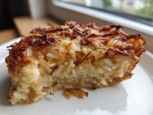A close-up of a square slice of french onion butter rice, showing creamy rice and a deeply browned, crispy onion topping.