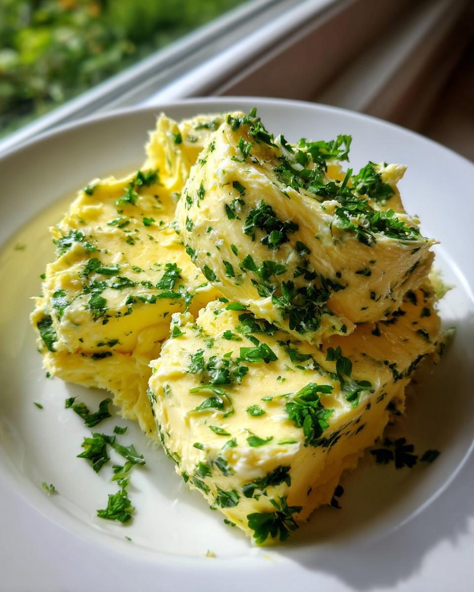 Close-up of scoops of bright yellow garlic butter generously mixed with chopped green parsley, served on a white plate.