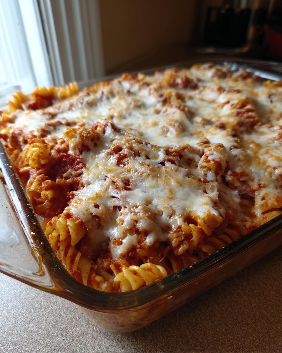 Close-up of a bubbling pizza casserole made with rotini pasta, tomato sauce, and a thick layer of melted mozzarella cheese.