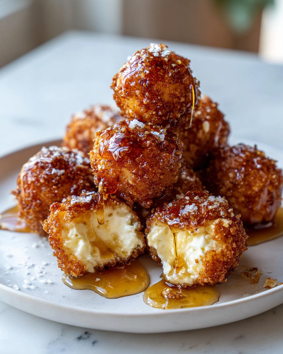 A stack of crispy, golden-brown fried goat cheese balls drizzled with honey and sprinkled with sea salt.