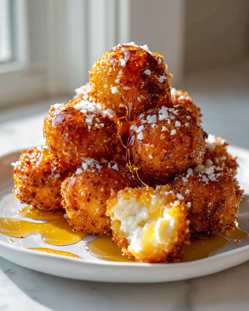 A stack of crispy, golden fried goat cheese balls drizzled with honey and topped with white crumbles.