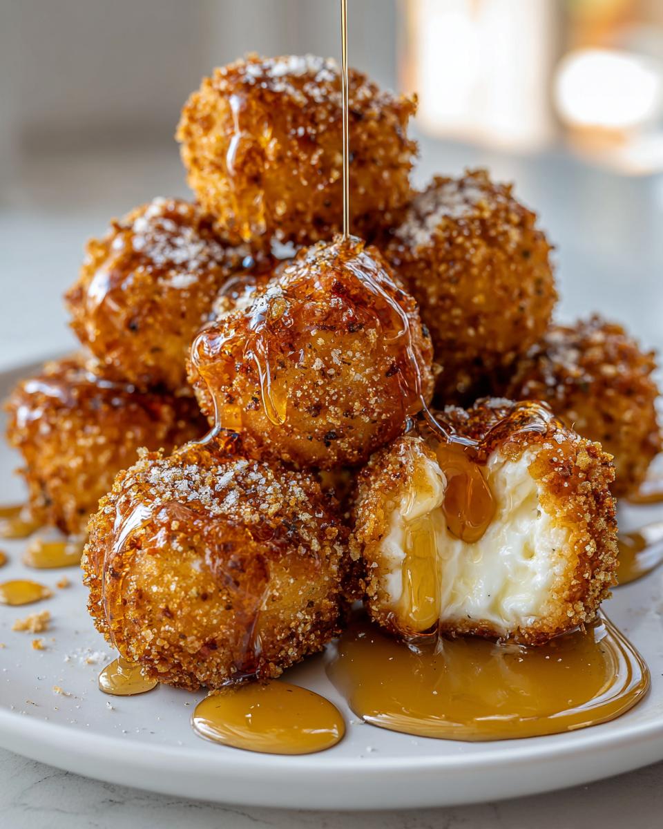 A stack of crispy, fried goat cheese balls drizzled generously with golden honey, one is cut open showing the melted interior.