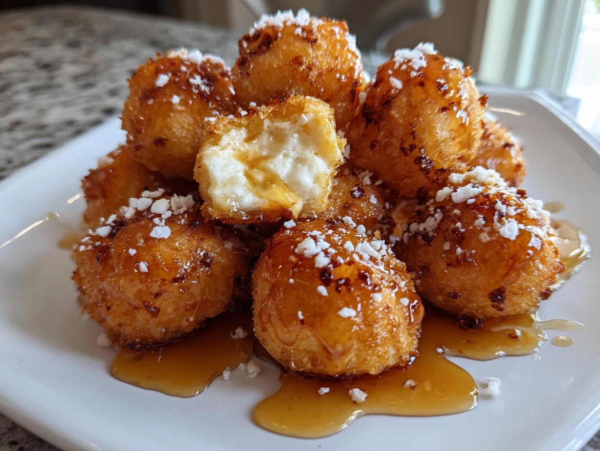 A stack of golden brown fried goat cheese balls drizzled with honey and sprinkled with white cheese or sugar.