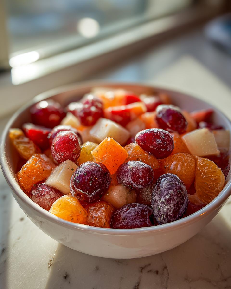 A white bowl filled with a vibrant winter fruit salad featuring frosted grapes, orange segments, and diced light-colored fruit.