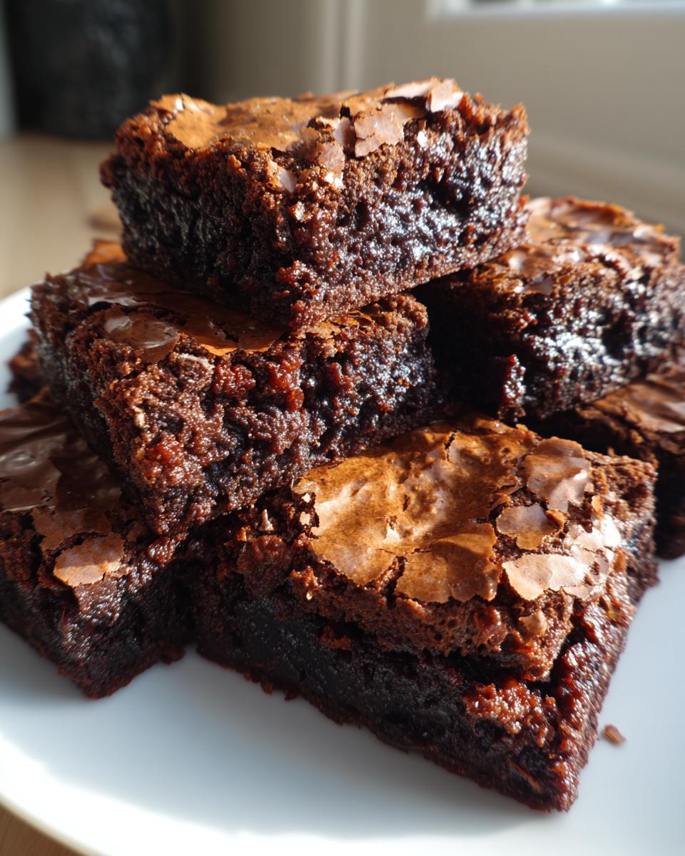 A close-up stack of fudgy, dark chocolate brownies featuring shiny, crackly tops, perfect for a low-calorie treat.