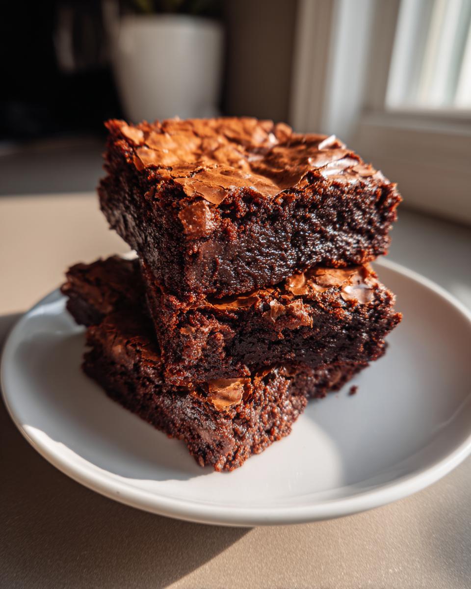 Three stacked, fudgy brownies with shiny, cracked tops resting on a white plate.