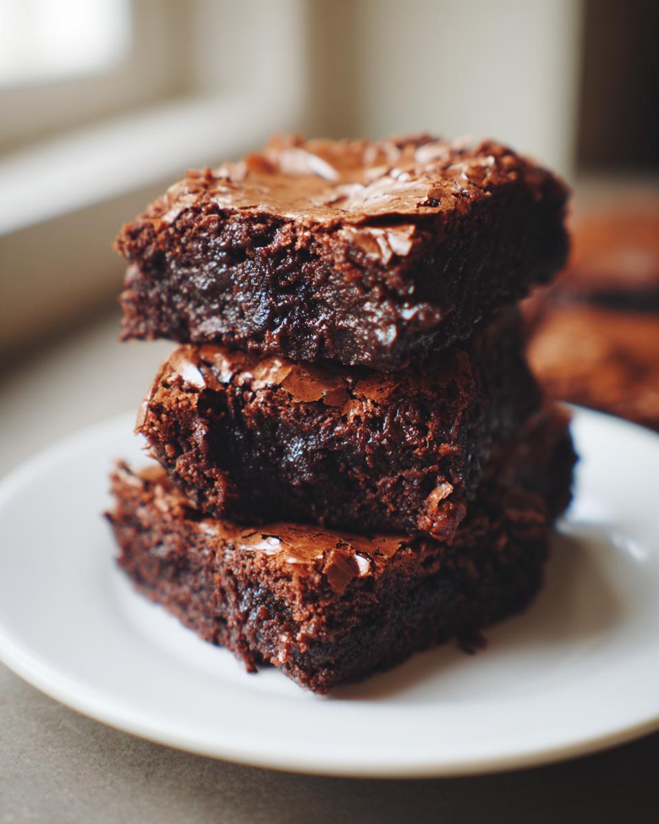 A stack of three rich, fudgy brownies with crackly tops served on a white plate.