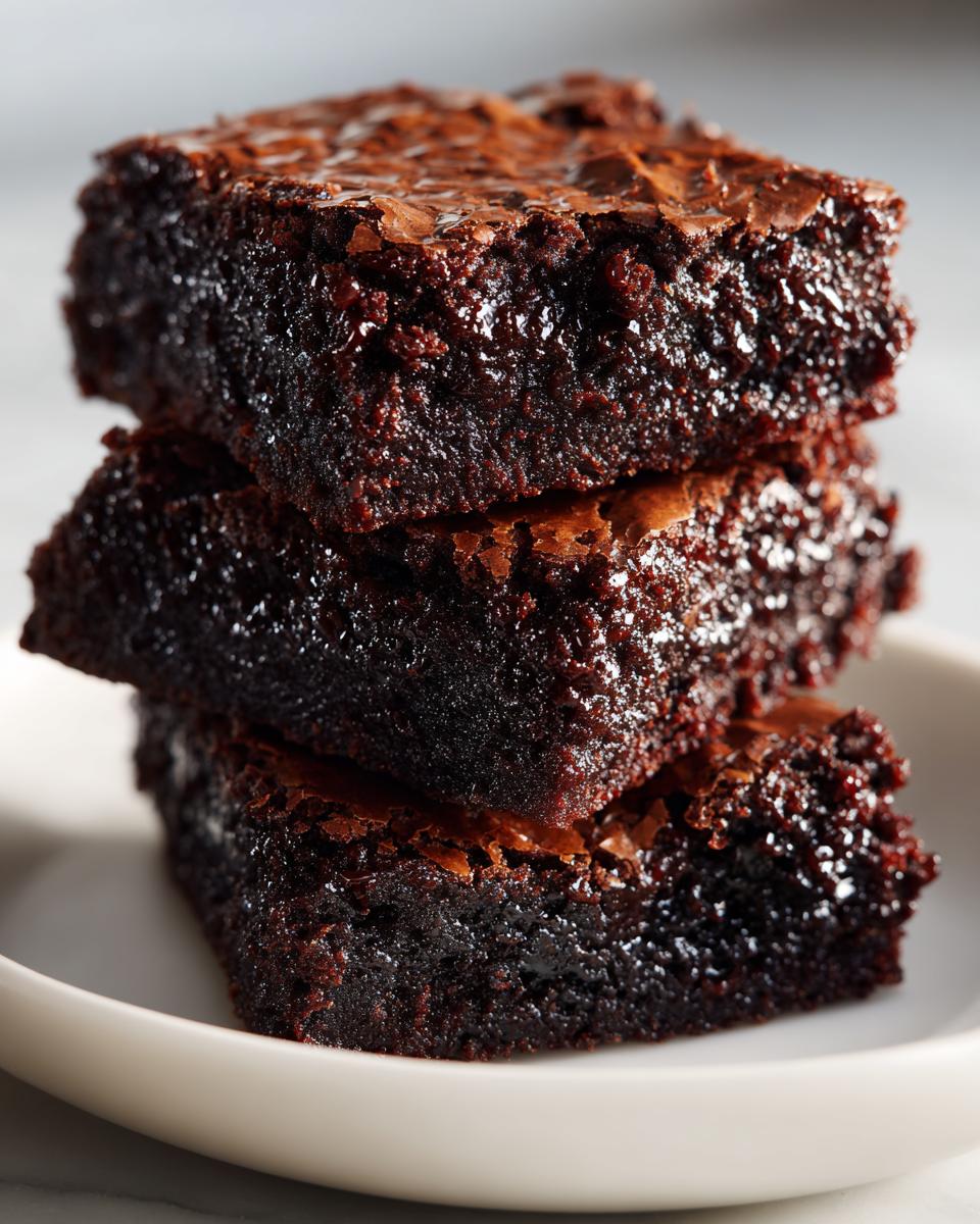 Close-up of three stacked, fudgy, dark chocolate brownies with shiny, crackly tops.