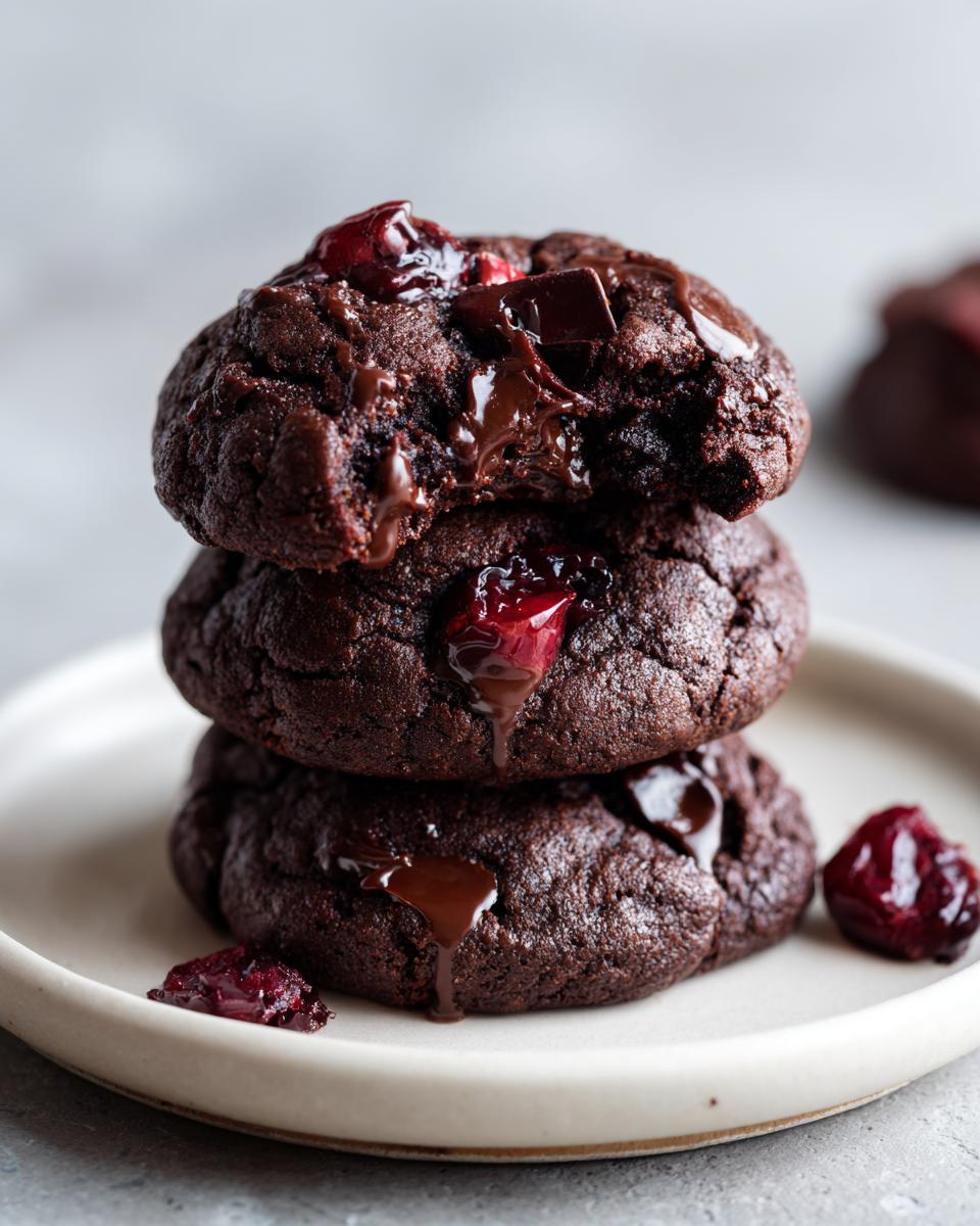 A stack of three fudgy chocolate cherry cookies, featuring melted chocolate chips and visible cherry pieces.