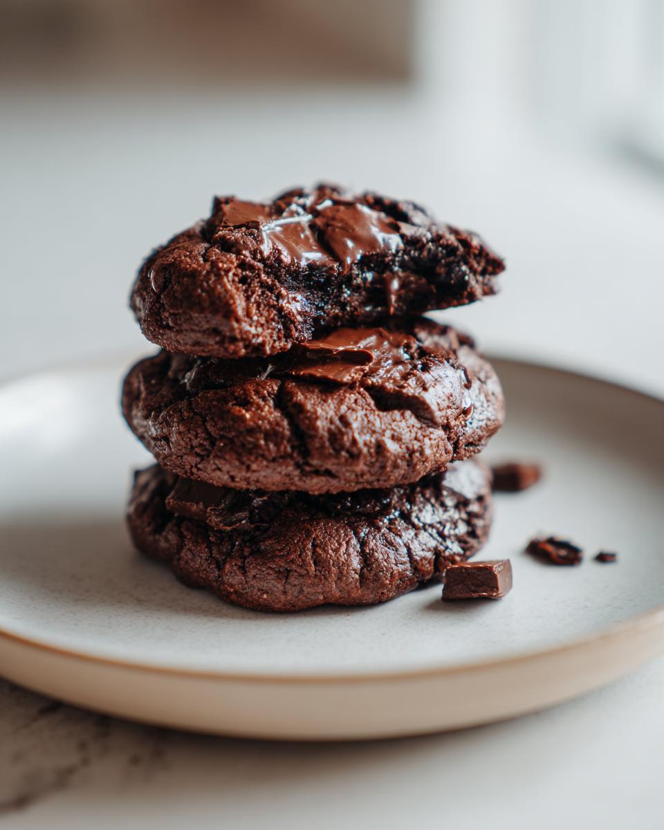 A stack of three fudgy chocolate cherry cookies, with the top one broken to show the gooey interior and melted chocolate chips.