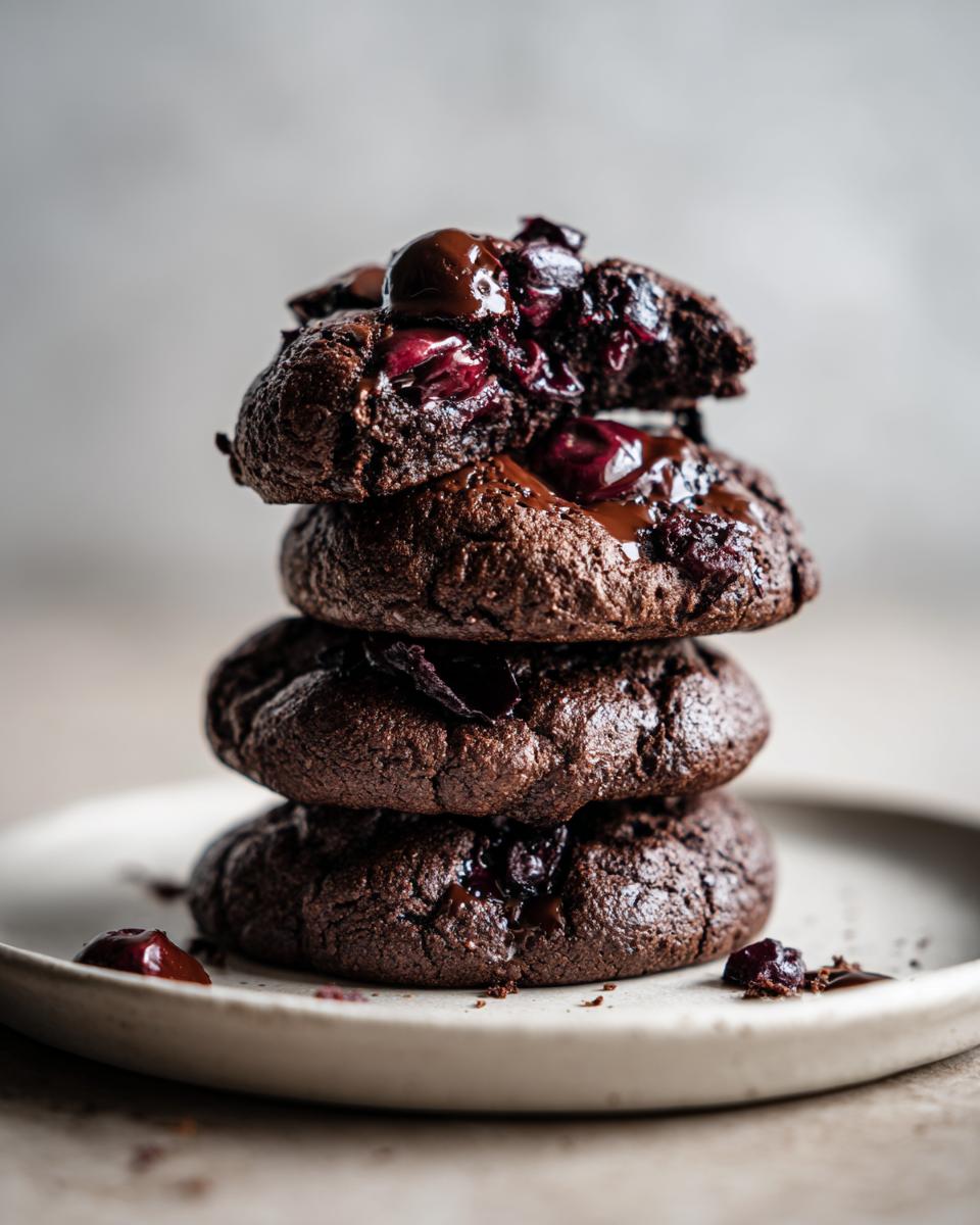 A stack of four fudgy chocolate cherry cookies topped with melted chocolate and visible cherry filling.
