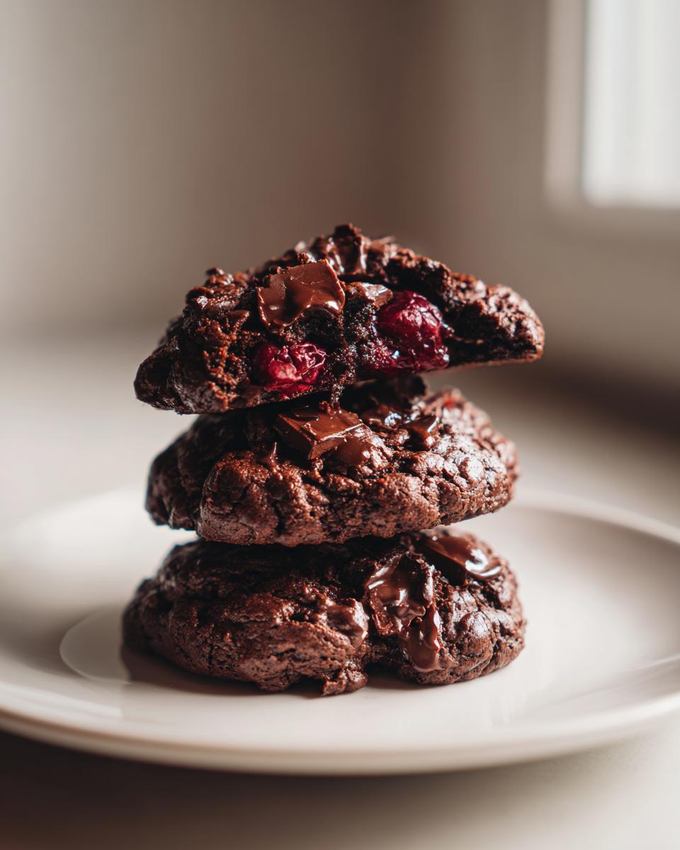 A stack of three fudgy chocolate cherry cookies, one broken open to show cherries and chocolate chunks.