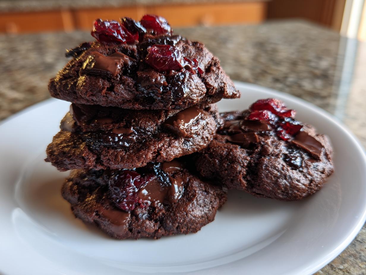 A stack of four fudgy chocolate cherry cookies topped with melted chocolate chips and dried cherries.