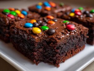A close-up of rich, fudgy cosmic brownies topped with chocolate frosting and colorful candy-coated chocolates.