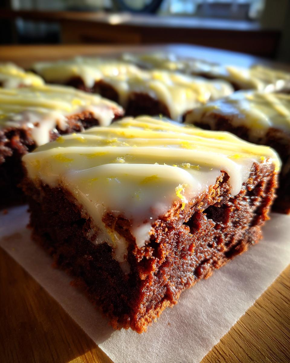 A close-up, fudgy square of lemon brownies topped with a thick white glaze and sprinkled with bright yellow lemon zest.
