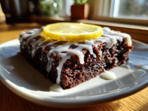 A close-up of a fudgy lemon brownie slice topped with white glaze drizzle and a fresh lemon slice.