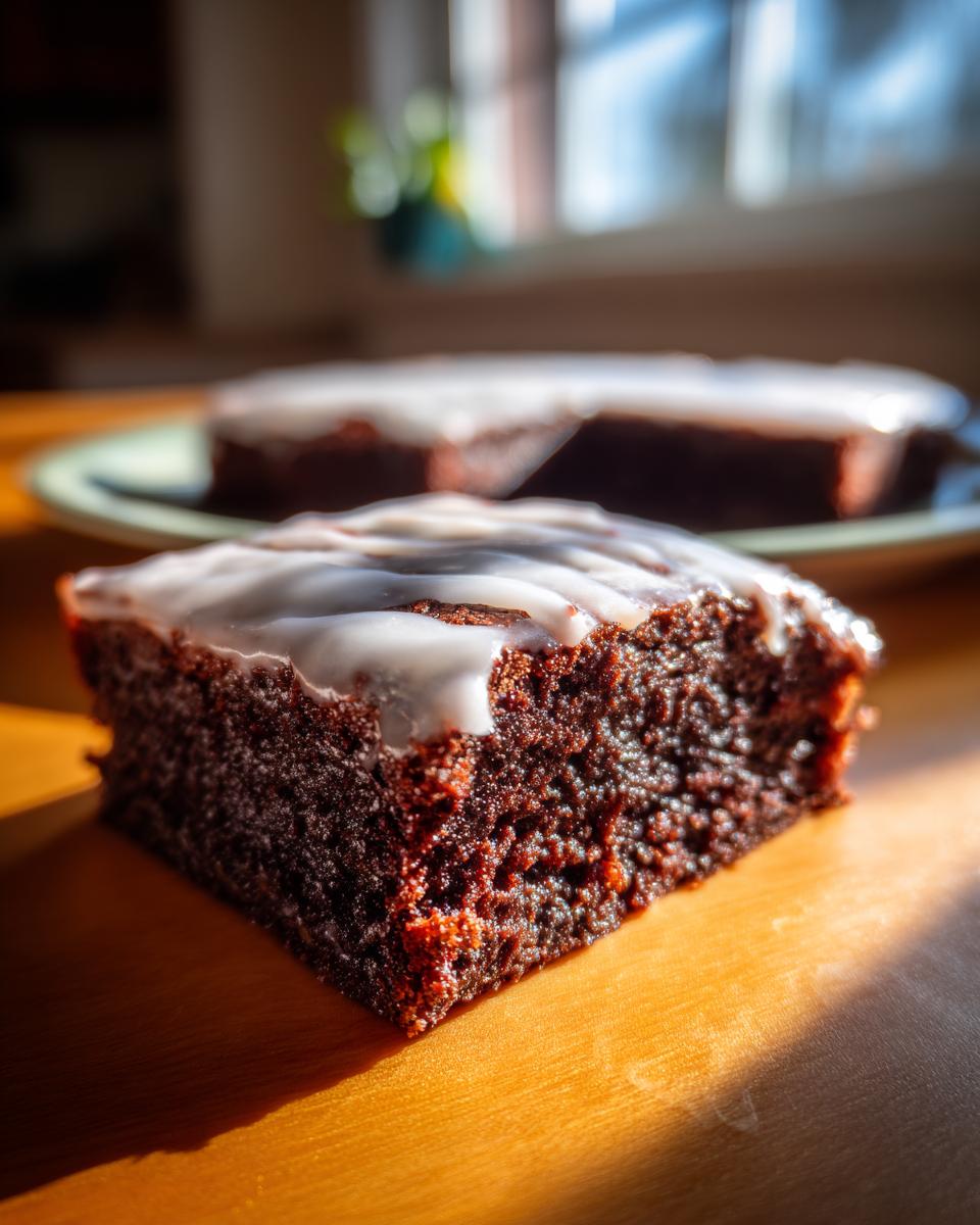 Close-up of a fudgy, dark chocolate lemon brownies slice topped with a thick white glaze, sitting on a wooden surface.
