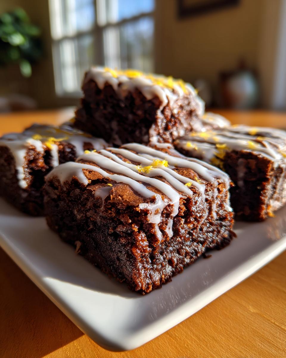 Close-up of fudgy lemon brownies stacked on a white plate, drizzled with white glaze and lemon zest.