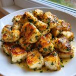 Close-up of glistening, pan-seared garlic butter chicken bites topped with fresh parsley.