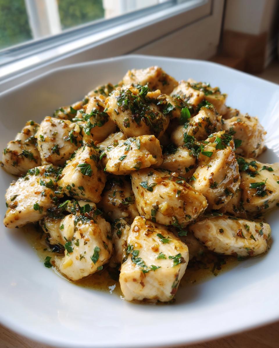 A white bowl filled with glistening, bite-sized pieces of garlic butter chicken bites topped with fresh parsley.