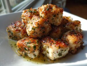 Close-up of golden brown garlic butter chicken bites seasoned with parsley, resting in sauce.