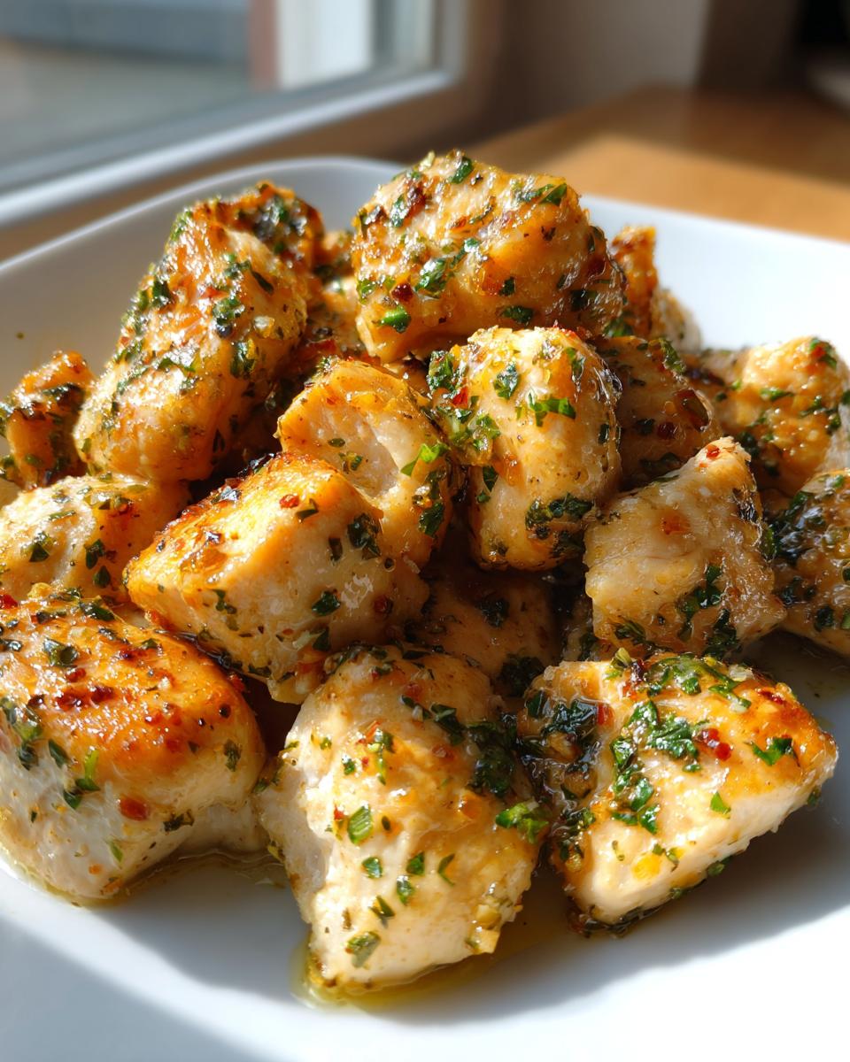 Close-up of golden brown garlic butter chicken bites coated in herbs and glistening sauce.